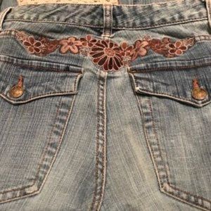 Metro 7 * RHINESTONE & Flower EMBROIDERED Blue DENIM Stretch JEANS * CUTE! sz 2